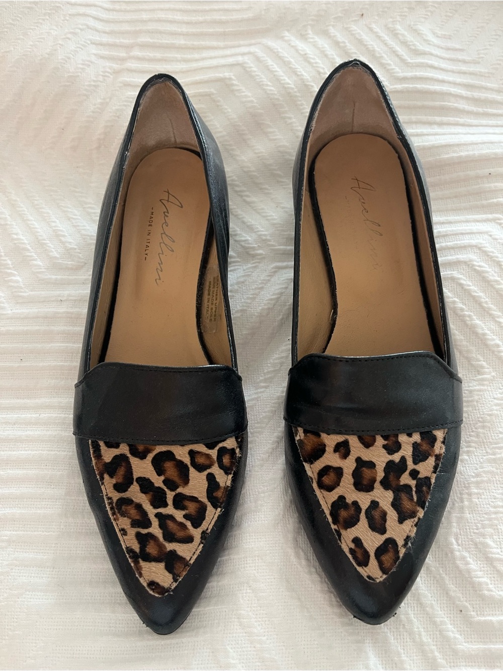 Avellini Made in Italy Black Leather Leopard Calf Hair Pointed Loafers